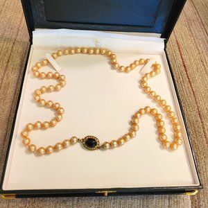 Vintage Faux Golden Pearl Necklace with a Brooch Style Tongue Clasp Closure